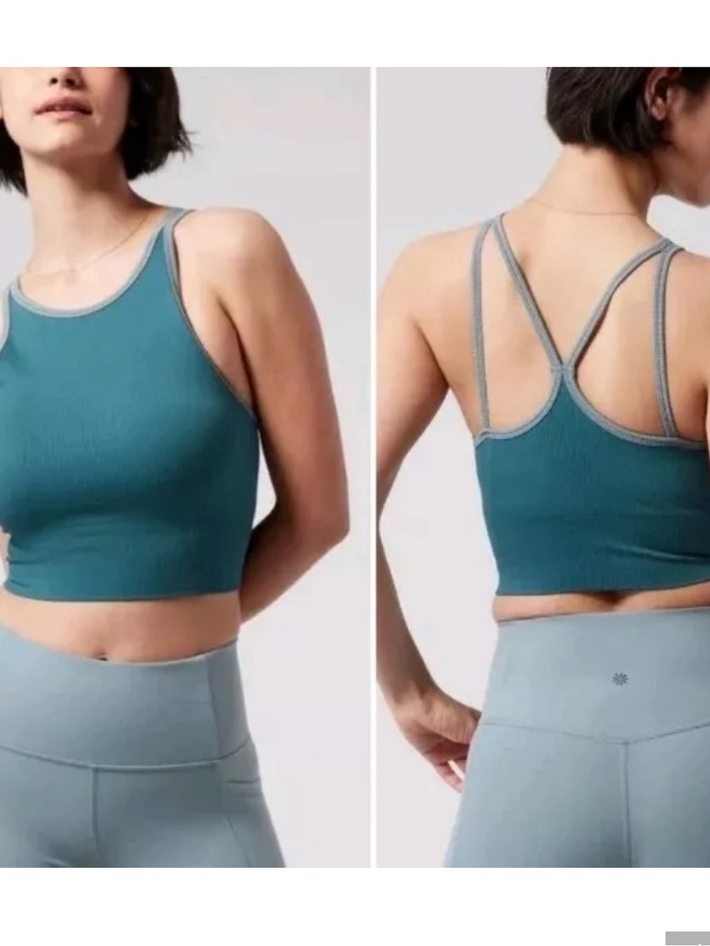 Athleta Teal Ribbed Strappy Crop Top with Gray Trim